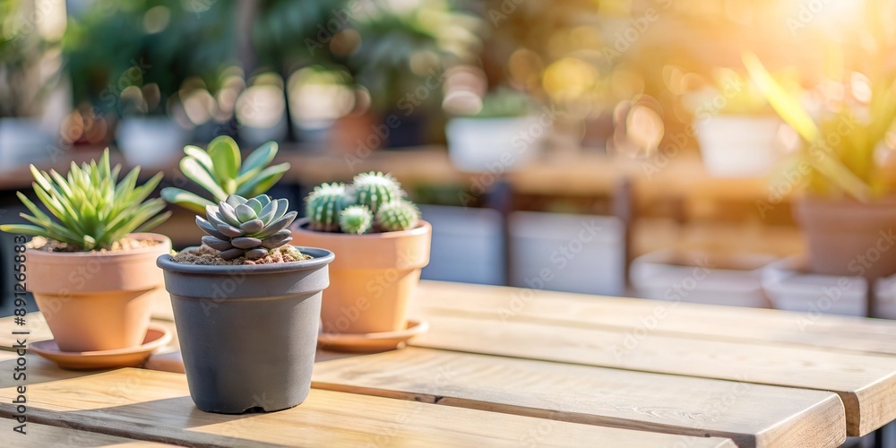 Close-up of a wooden table with potted plants in a bright, blurred garden background, perfect for outdoor living and nature themes. Close-up of a wooden table with potted plants in a bright, blurred garden background, perfect for outdoor living and nature themes.