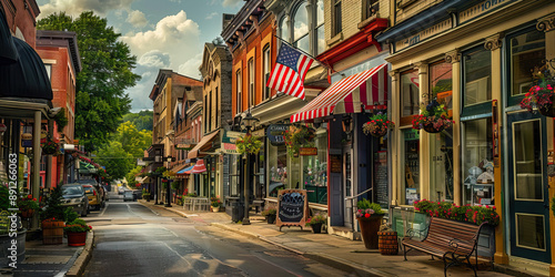 Thriving Main Street USA: A nostalgic small-town street scene, complete with historic brick buildings, a bustling sidewalk cafe, and a cheerful American flag waving proudly above it all.