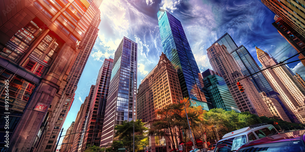 Obraz premium American Dream Incarnate: A bustling city skyline, with towering buildings and a vibrant street scene.