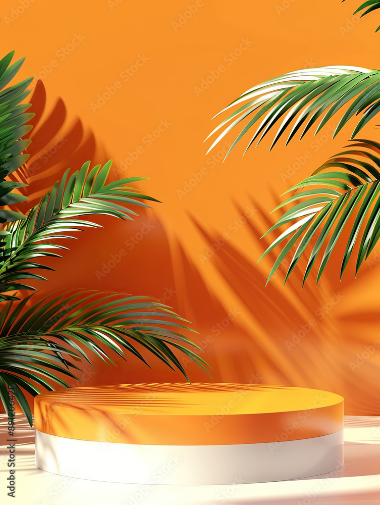3D podium, orange background with sun and palm leaves 3D podium, orange background with sun and palm leaves