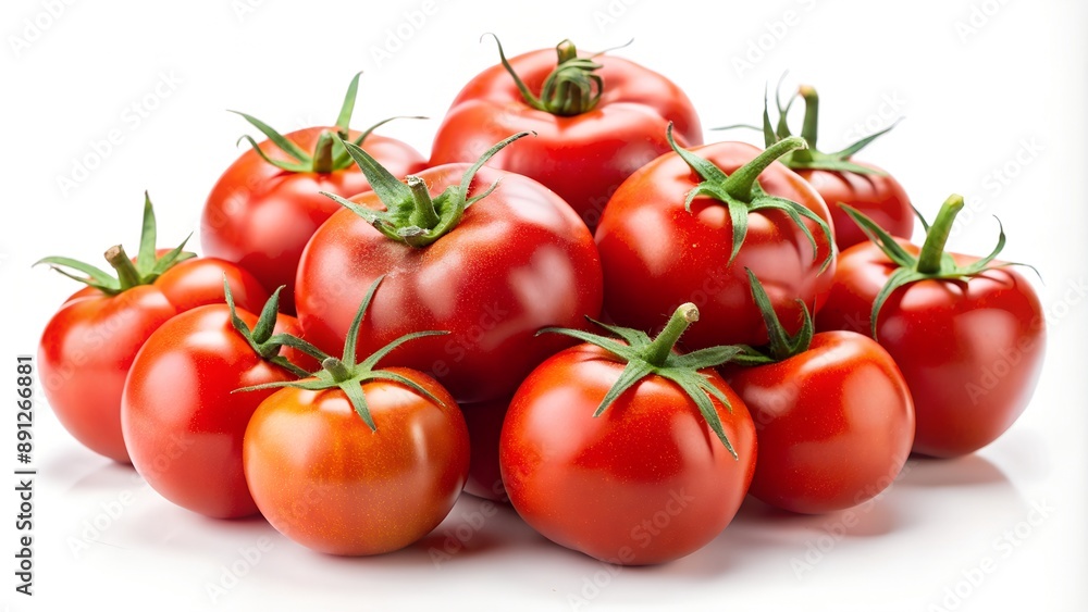 Fresh red tomatoes with green stems lying on white background Fresh red tomatoes with green stems lying on white background