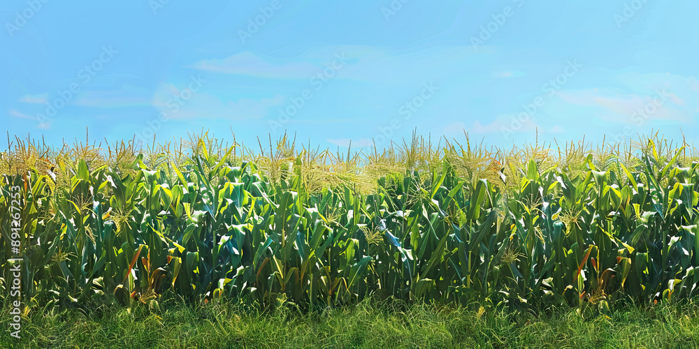 Obraz premium Land of Plenty: Lush fields of corn, stretching as far as the eye can see, under a clear blue sky.