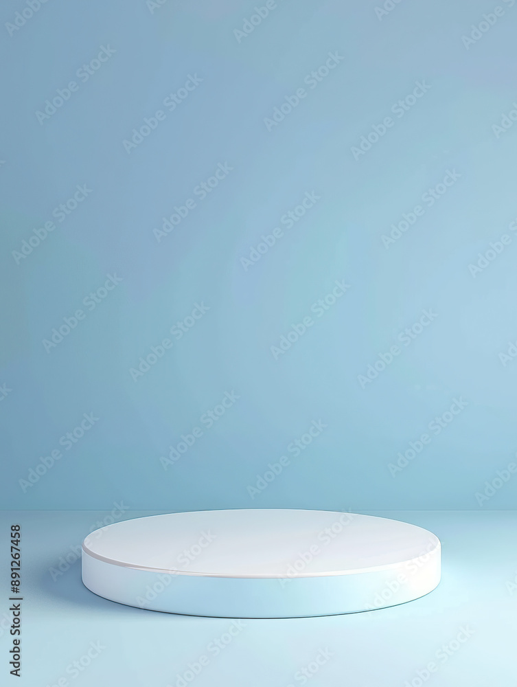 3D render of a simple white round empty podium platform on a light blue pastel background 3D render of a simple white round empty podium platform on a light blue pastel background