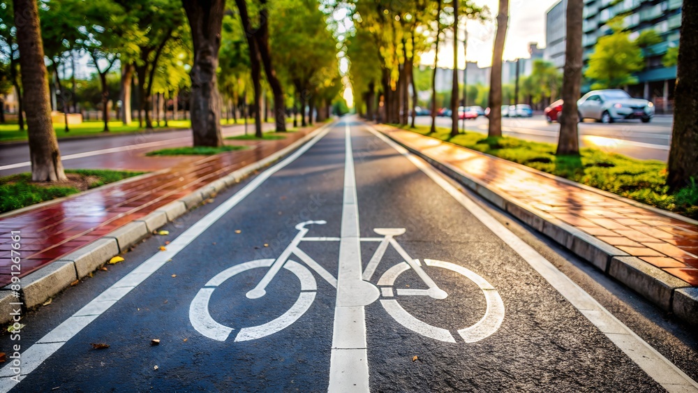 Empty bicycle lane passing through a city park in summer Empty bicycle lane passing through a city park in summer