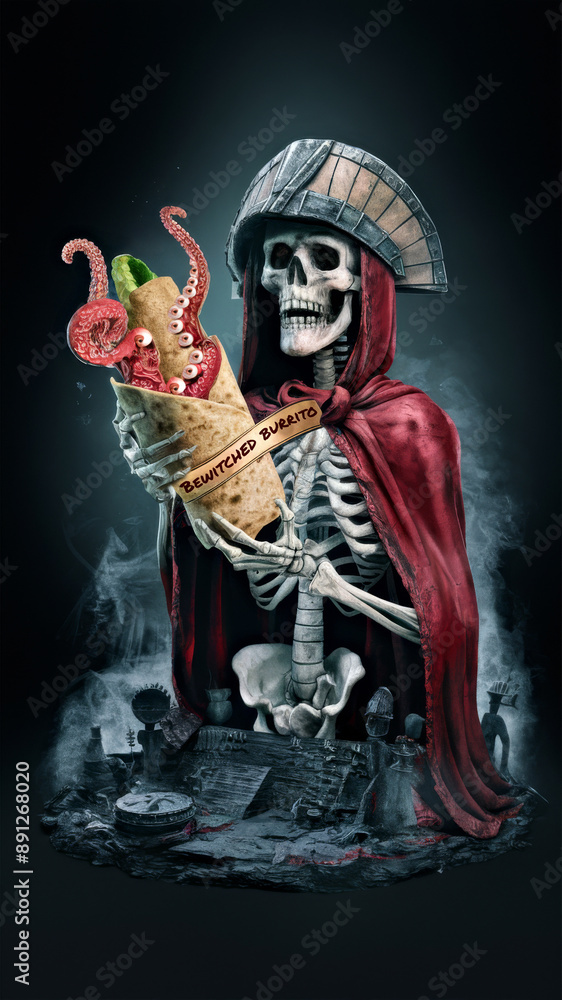Skeleton dressed in dark red cloak holding a spooky burrito with tentacles and eyes, creating a gothic and eerie halloween scene perfect for posters or cards. Skeleton dressed in dark red cloak holding a spooky burrito with tentacles and eyes, creating a gothic and eerie halloween scene perfect for posters or cards.
