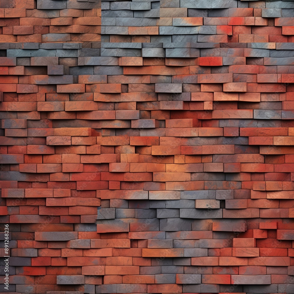 Modern brick wall in red and blue shades, arranged in a unique staggered pattern. Ideal for diverse projects, this high-quality stock image captures intricate brickwork details. Modern brick wall in red and blue shades, arranged in a unique staggered pattern. Ideal for diverse projects, this high-quality stock image captures intricate brickwork details.