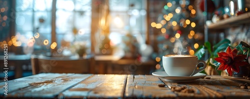 Cozy Cafe with Warm Decor Featuring a Cup of Coffee on Wooden Table