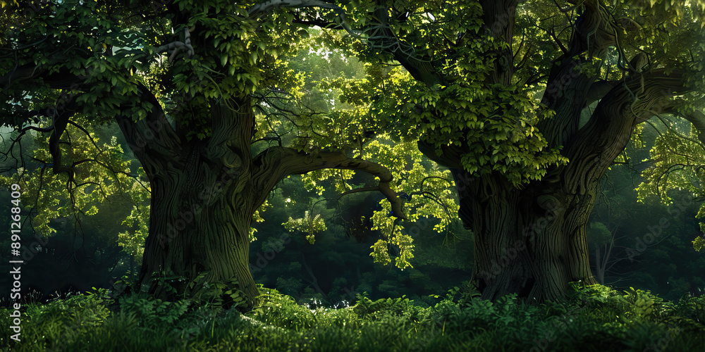 Pillars of American Strength: A pair of massive oak trees, standing tall amidst a lush green forest. Pillars of American Strength: A pair of massive oak trees, standing tall amidst a lush green forest.