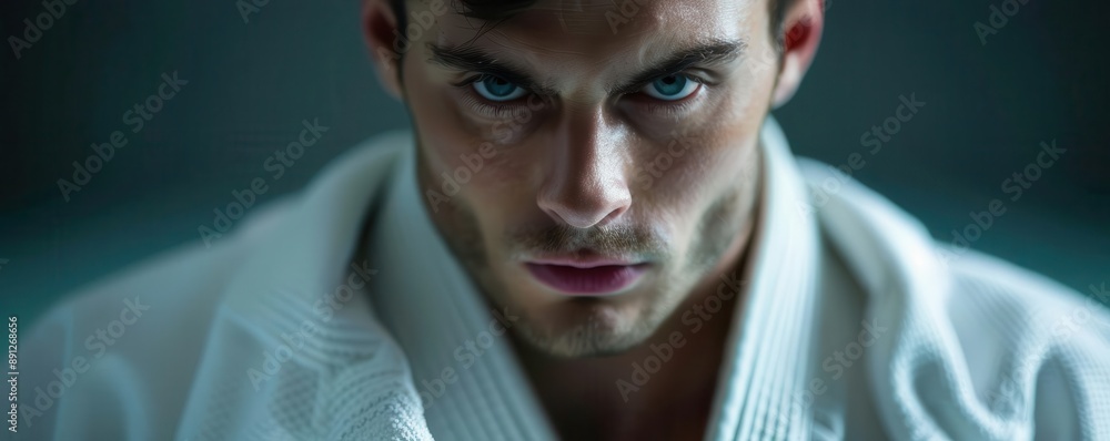 Close-up of a handsome man in a judo stance, poised and ready, realistic portrayal of his technique and focus, dramatic lighting, ultra-high-definition realism Close-up of a handsome man in a judo stance, poised and ready, realistic portrayal of his technique and focus, dramatic lighting, ultra-high-definition realism