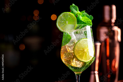 Sticker Popular summer cocktail drink with sparkling wine, elderflower syrup, soda, lime