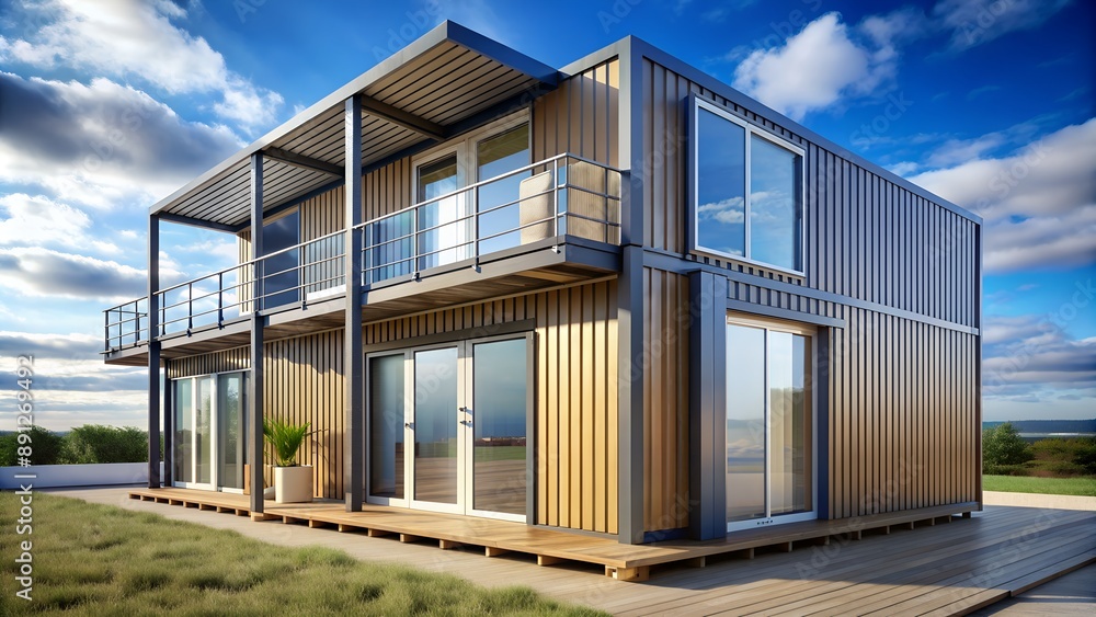 Fototapeta premium Modern container house with balcony overlooking nature
