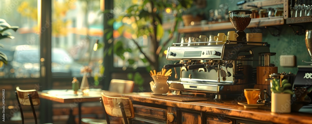 Cozy Cafe Corner with Coffee Machine and Natural Light Cozy Cafe Corner with Coffee Machine and Natural Light