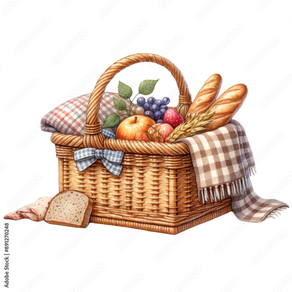 Picnic Basket with Fruits and Baguettes. Picnic Basket with Fruits and Baguettes.