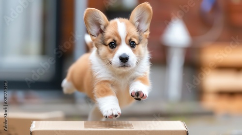 puppy jumping over a cardboard hurdle, capturing the energy and agility of the bunny