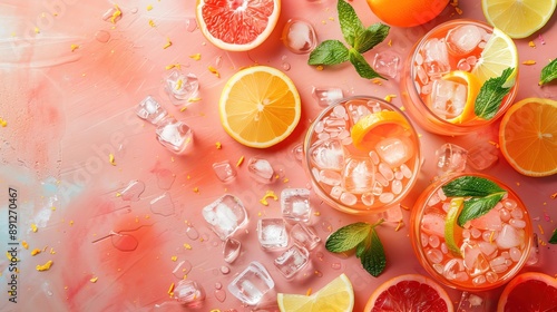 A bright pastel peach background with cheerful designs, suitable for summer drinks, with ample copy space