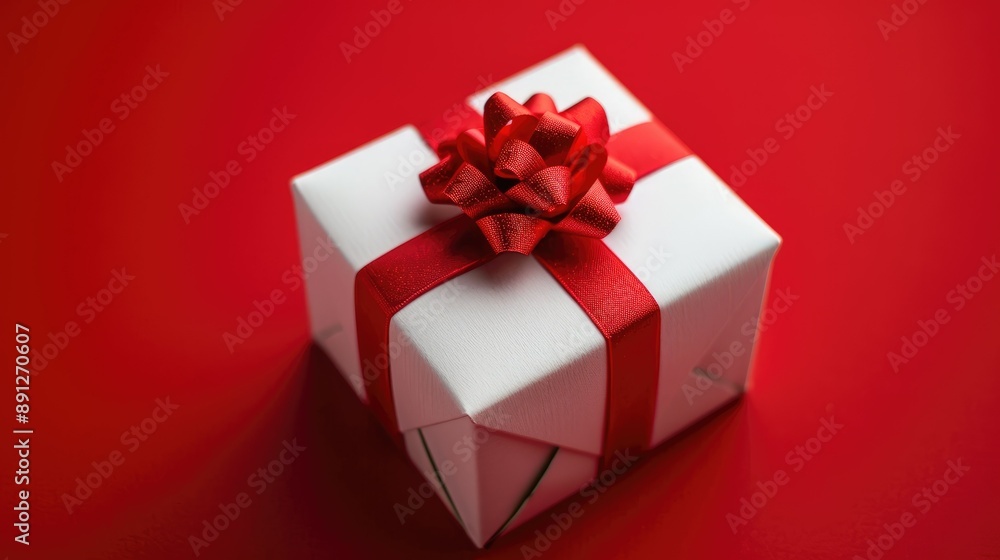 Fototapeta premium Close-up of a white gift box with red bow on a vibrant red background