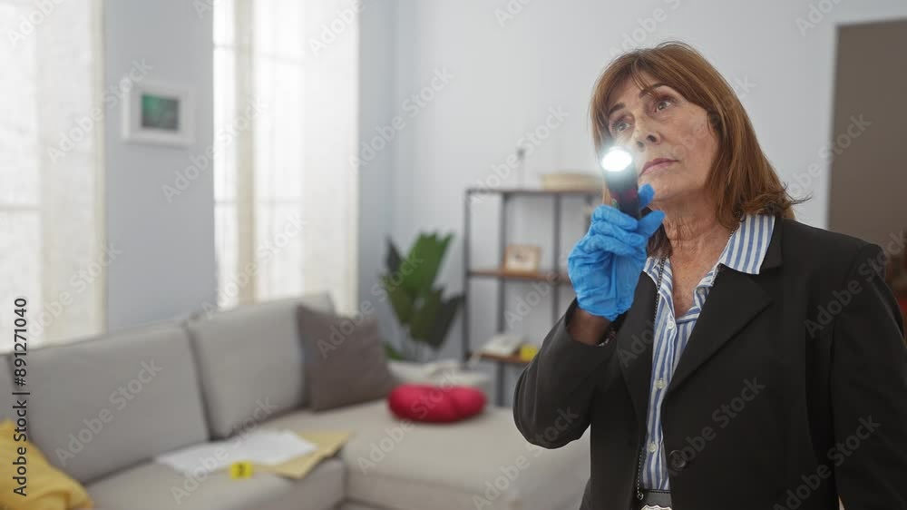 Mature woman detective examines crime scene indoors using flashlight. Mature woman detective examines crime scene indoors using flashlight.