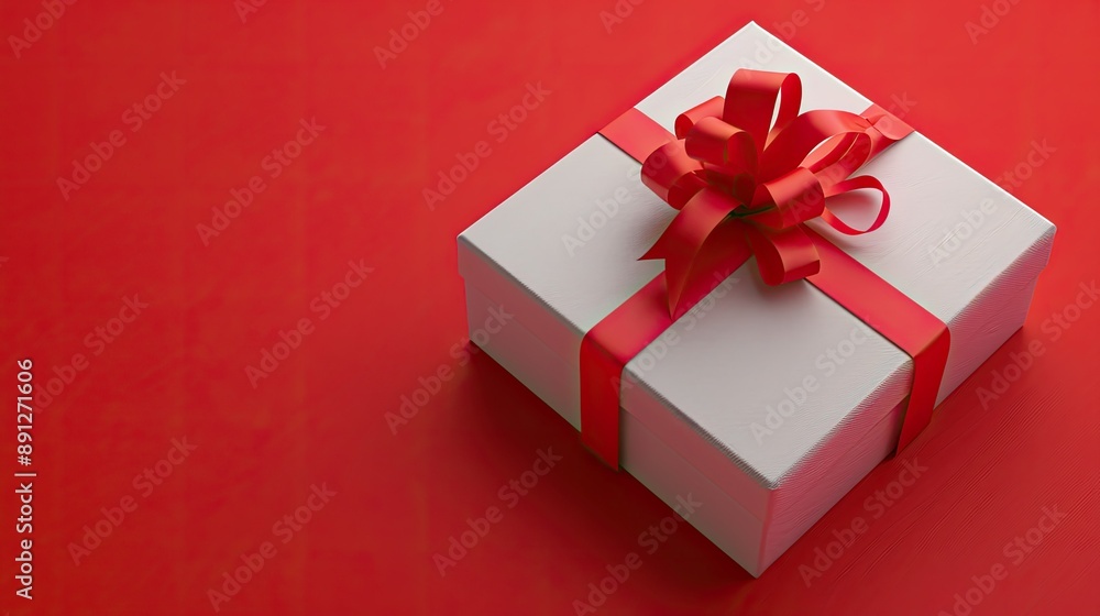Elegant white gift box with a red ribbon on a striking bright red surface
