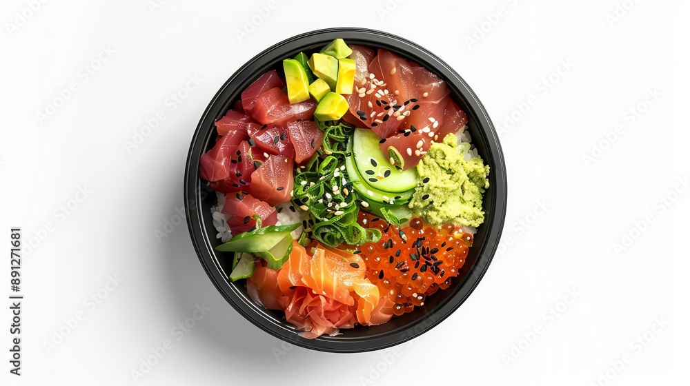 A top view of Poke Bowl isolated white background, studio light for focused advertising A top view of Poke Bowl isolated white background, studio light for focused advertising