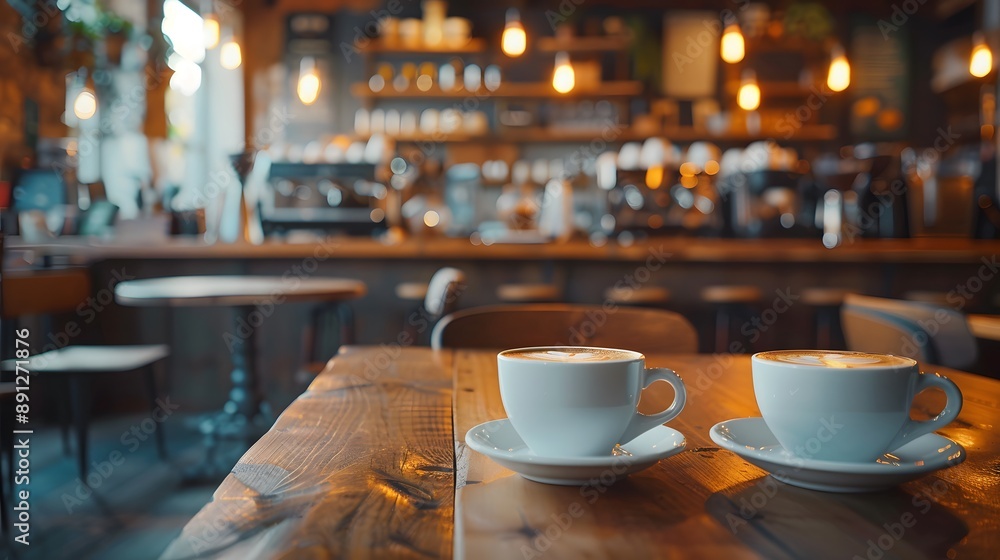 Cozy Cafe with Two Cups of Coffee on Wooden Table in Warm Atmosphere Cozy Cafe with Two Cups of Coffee on Wooden Table in Warm Atmosphere