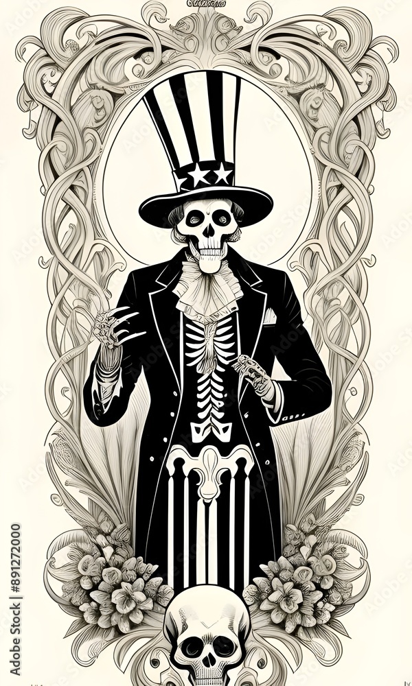 Obraz premium hand drawn illustration of a human skeleton dressed as uncle sam, skull, tattoo art, usa, united states of america, patriot, patriotic, army, military, death
