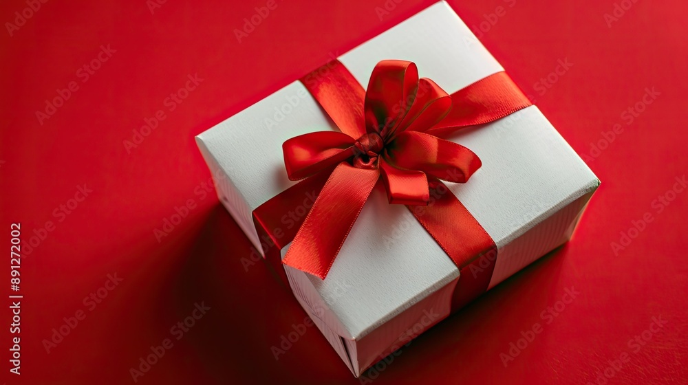 Festive white gift box with red ribbon on a vivid red surface Festive white gift box with red ribbon on a vivid red surface