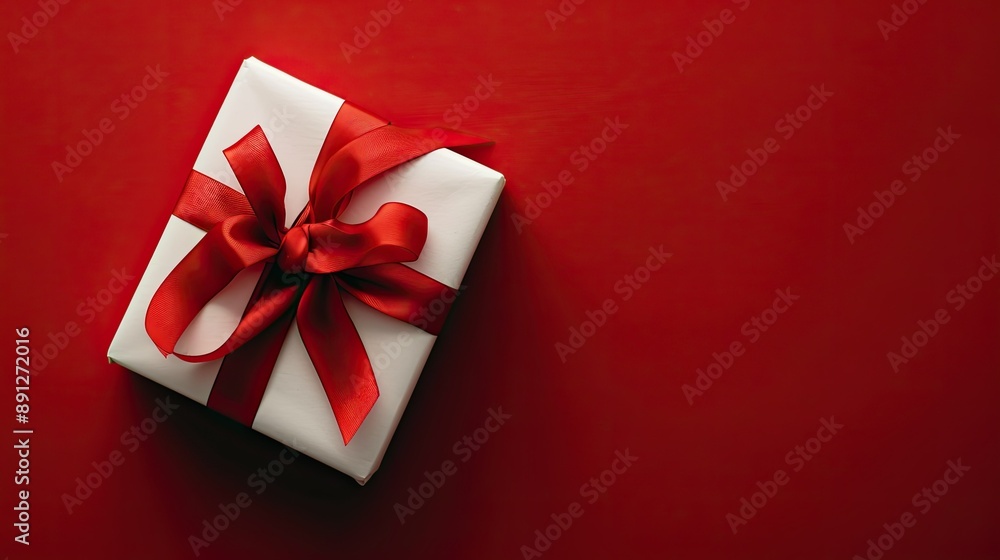 Festive white present with red ribbon on a striking bright red background Festive white present with red ribbon on a striking bright red background