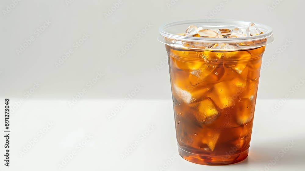Clear plastic cup filled with Iced Earl Grey Tea and a lid, isolated white background, studio light for focused advertising Clear plastic cup filled with Iced Earl Grey Tea and a lid, isolated white background, studio light for focused advertising