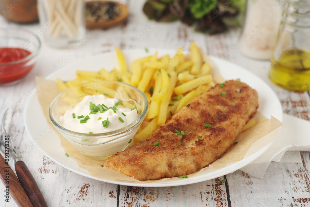 Fish and chips served on the plate, traditional dish of Great Britain