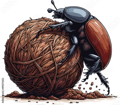 Adobe Illustrator Artwork dung beetle diligently rolling a large ball of organic material
