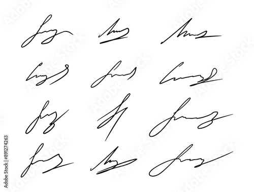 Handwritten fake autograph set. Fictitious vector signatures for signing documents on white background