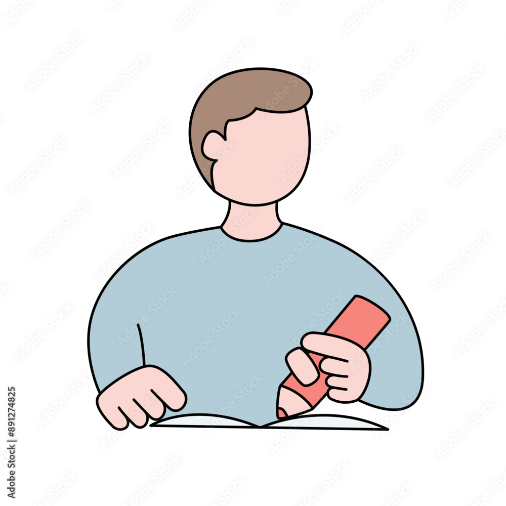 Boy writes something in his notebook flat illustration Boy writes something in his notebook flat illustration