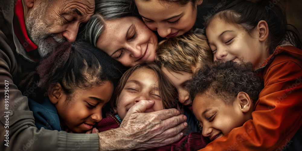 A group hug, with family members of all ages embracing each other tightly in a moment of pure love and connection. A group hug, with family members of all ages embracing each other tightly in a moment of pure love and connection.