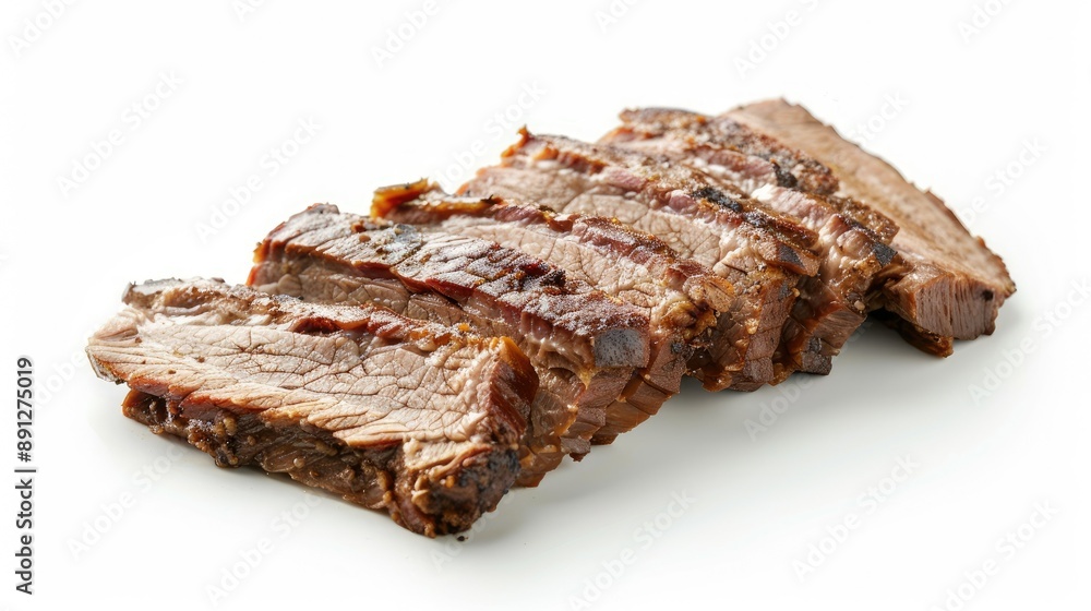 Smoky, tender pork brisket slices, isolated on a white backdrop Smoky, tender pork brisket slices, isolated on a white backdrop