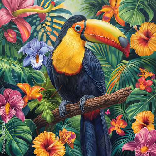  Painting colorful tropical  flowers with Knobbed ,Hornbills ,parrot sitting on a branch in the forest,tropical flowers, orchids, anthuriums and green leave,square  . photo