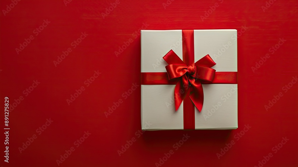 White box with red ribbon on a vivid red backdrop, detailed view White box with red ribbon on a vivid red backdrop, detailed view
