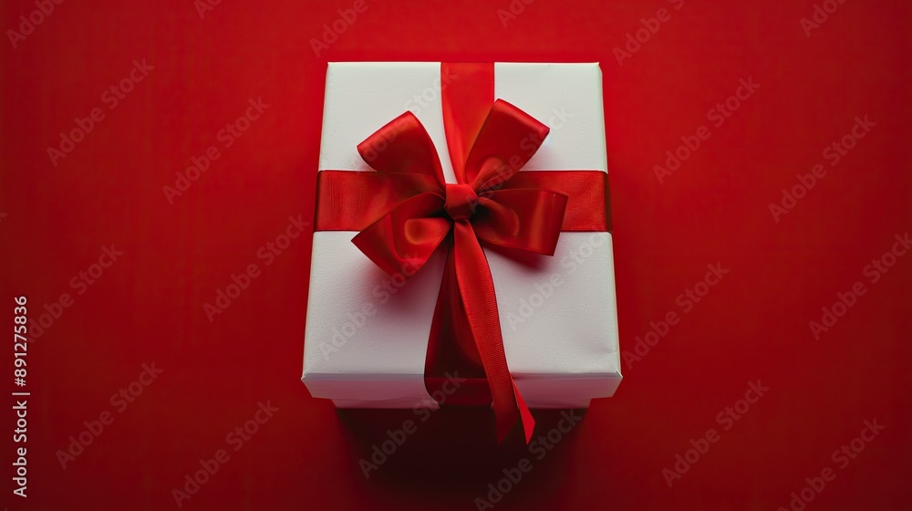 White box wrapped in red ribbon, set against a bright red background White box wrapped in red ribbon, set against a bright red background