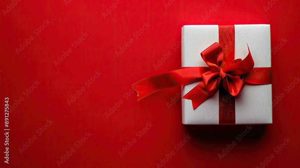 White box wrapped in red ribbon, set against a bright red background White box wrapped in red ribbon, set against a bright red background