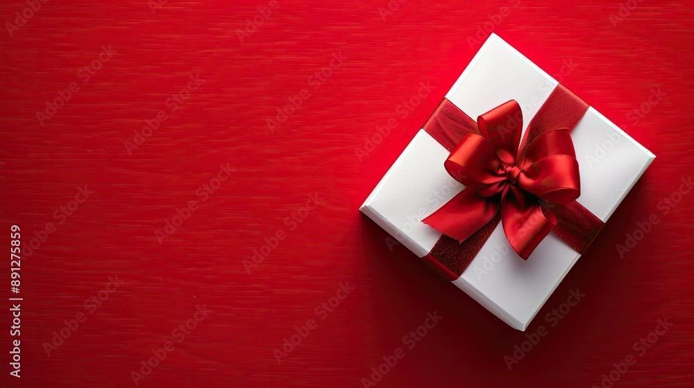 White gift box adorned with a red ribbon on a bold red background White gift box adorned with a red ribbon on a bold red background
