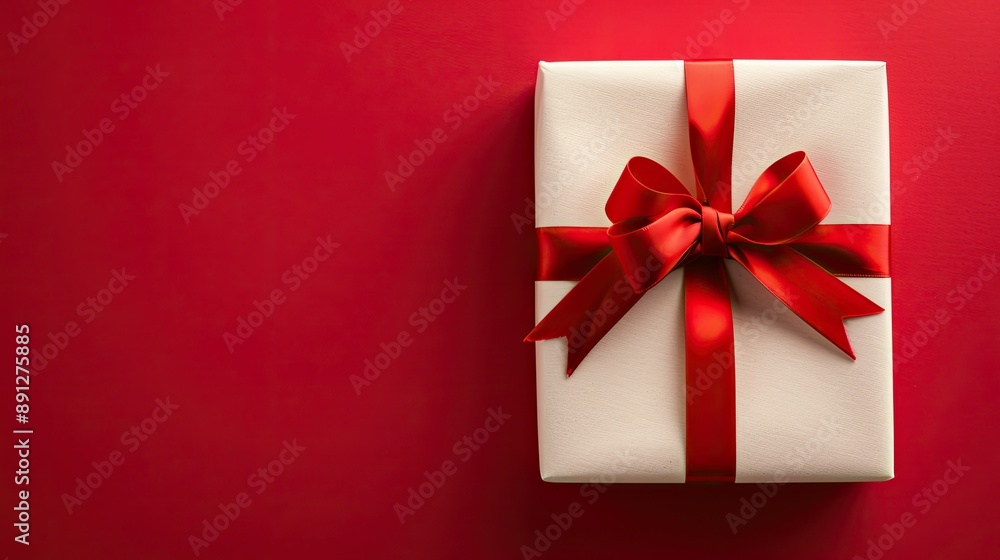 White gift box tied with a red ribbon on a vibrant red background White gift box tied with a red ribbon on a vibrant red background