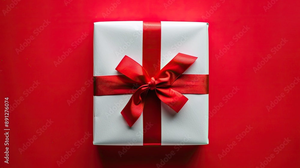 White gift wrapped with a red ribbon on a bright red background White gift wrapped with a red ribbon on a bright red background