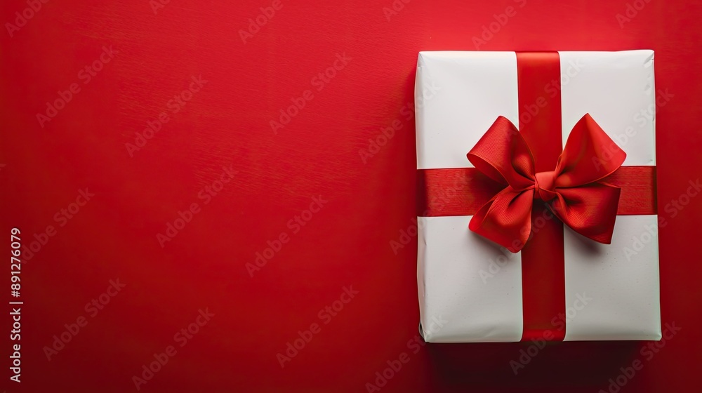 White gift wrapped with red ribbon on a bright red background, top view White gift wrapped with red ribbon on a bright red background, top view