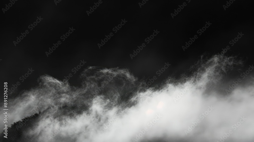 Wide view of ghostly mist drifting against a black backdrop, creating an eerie scene Wide view of ghostly mist drifting against a black backdrop, creating an eerie scene