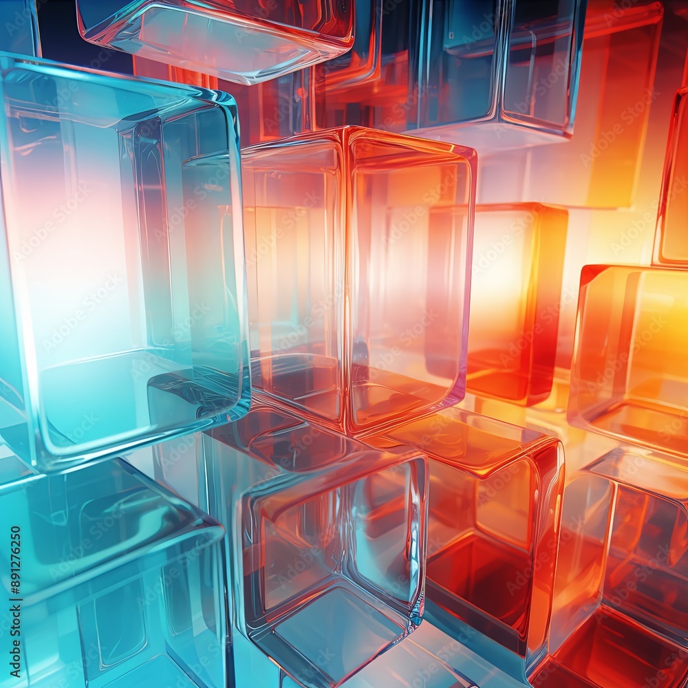 © Irinka Dimkovna - A group of blue and orange glass cubes stacked together in an abstract pattern. The cubes are of different sizes and are stacked in a haphazard way. The background is a gradient of orange and blue.