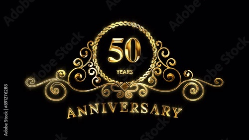 50th Anniversary Celebration. Golden 50 Years Anniversary Animation in Gold Color on the Transparent Background, Alpha Channel. Great for greetings, celebrations, events, and gifts.
