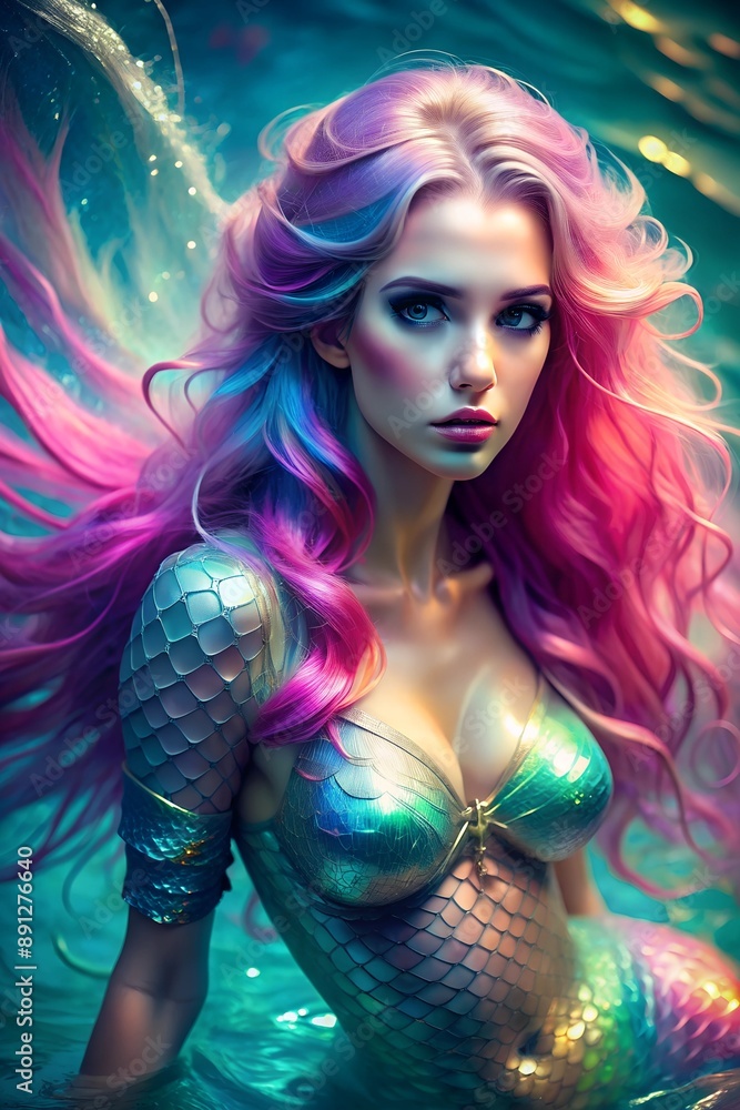 Beautiful mermaid, naiad with long pink hair underwater in the ocean Beautiful mermaid, naiad with long pink hair underwater in the ocean
