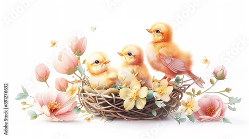Easter card template. Eggs, bunny, chicken and flowers background. Happy Easter backdrop. Spring celebrations. © Devian Art