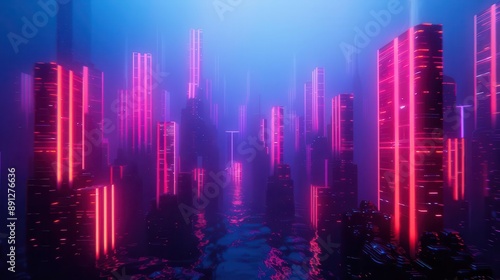 Wallpaper Mural A futuristic neon cityscape with illuminated skyscrapers at night, featuring vibrant pink and blue lighting, symbolizing modern urban development. Torontodigital.ca
