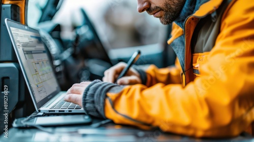 Field engineer documenting findings on a rugged laptop at a remote site, onsite survey, mobile technology photo