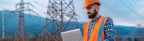 Field engineer with a rugged laptop examining power lines in a mountainous area, remote monitoring